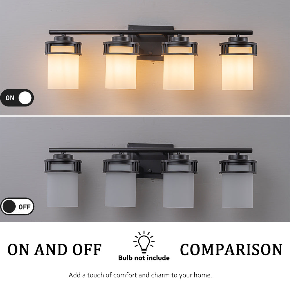 27-in Mid-century modern 4-Light Bathroom Vanity Light Bath Bar Dark Brown Wall Sconce with Frosted Glass Shades for Mirror Hallway