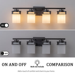 27-in Mid-century modern 4-Light Bathroom Vanity Light Bath Bar Dark Brown Wall Sconce with Frosted Glass Shades for Mirror Hallway