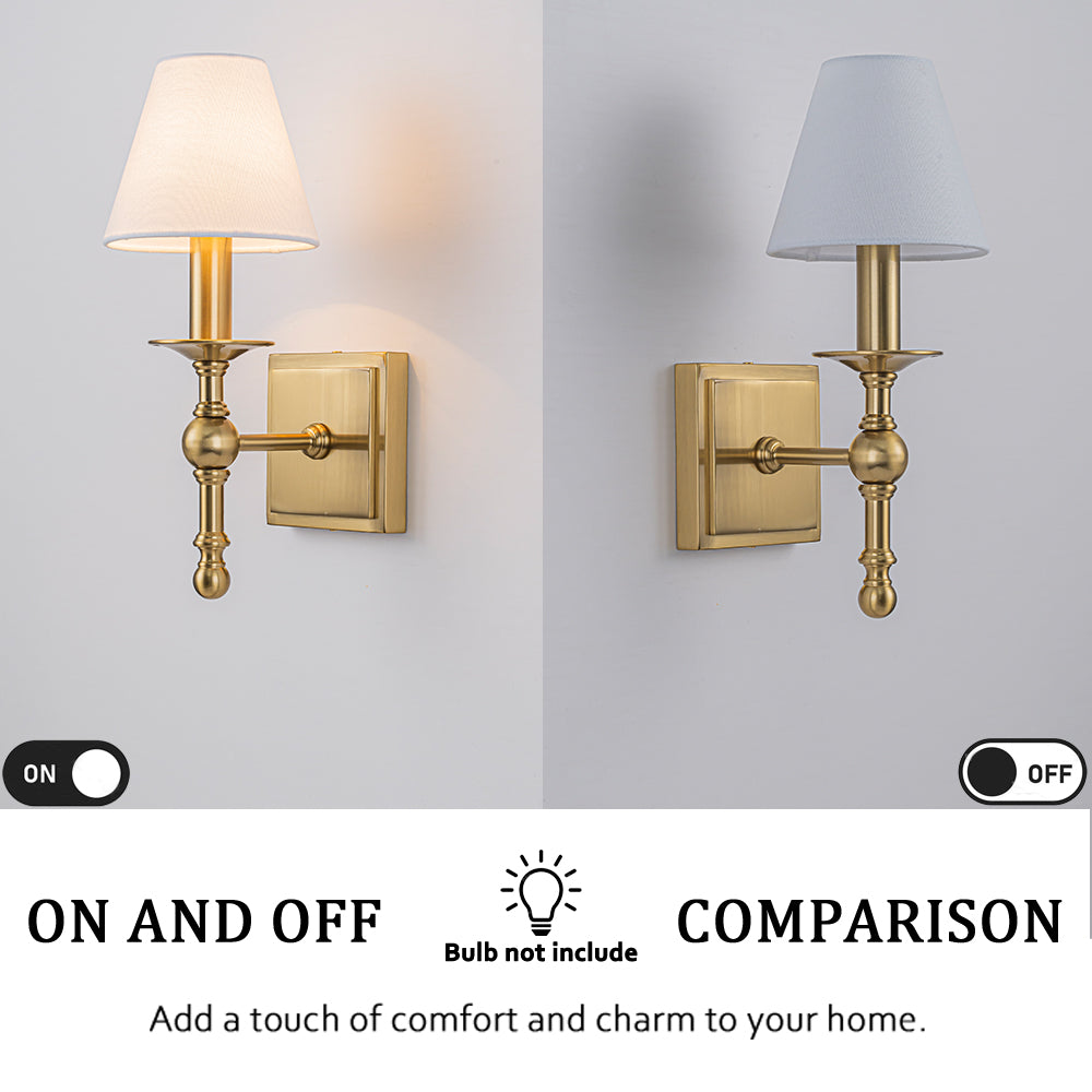 1-Light Warm Brass Classic Wall Sconce With Fabric Shade Dimmable Contemporary Bath Sconce For Hallway Bathroom Bedroom
