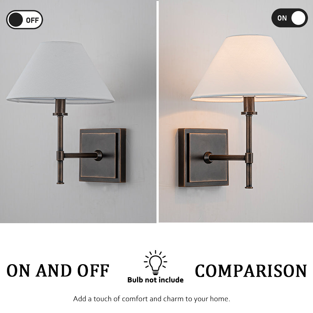 Modern Bronze 12'' Tall 1-Light Fabric Shade Wall Sconces Farmhouse White Linen Tapered Shade Sconce For Bathroom Mirror Hallway