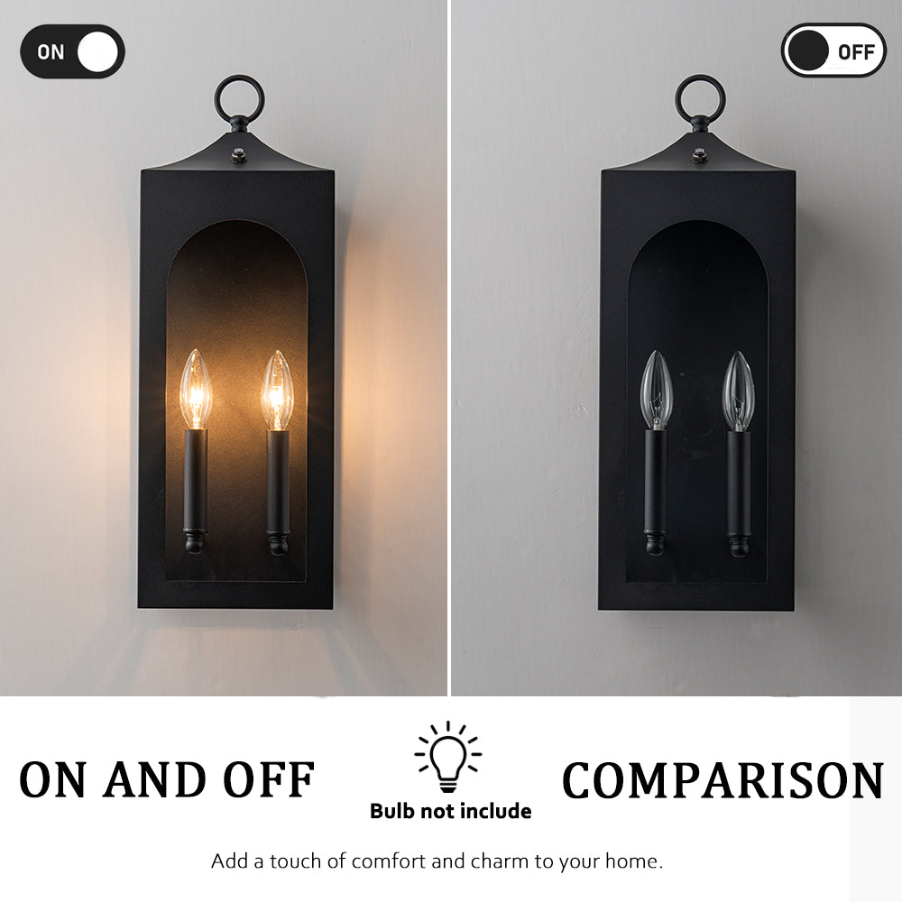 H20" 2-Lights Large Dusk to Dawn Outdoor Wall Lantern Unique/Statement Black Exterior Wall Sconce with Dual Candle Lights and Roof Top Design for Entryway Garage