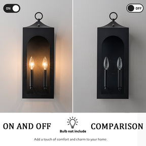 H20" 2-Lights Large Dusk to Dawn Outdoor Wall Lantern Unique/Statement Black Exterior Wall Sconce with Dual Candle Lights and Roof Top Design for Entryway Garage