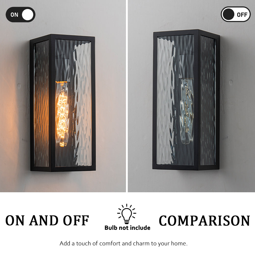 H13" 1-Light Modern Black Outdoor Wall Sconce with Water Ripple Glass and Dusk to Dawn Sensor Open Bottom Exterior Waterproof Porch Light Fixture for Garage Patio