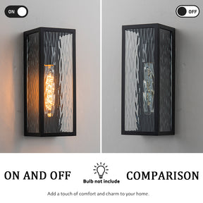 H13" 1-Light Modern Black Outdoor Wall Sconce with Water Ripple Glass and Dusk to Dawn Sensor Open Bottom Exterior Waterproof Porch Light Fixture for Garage Patio