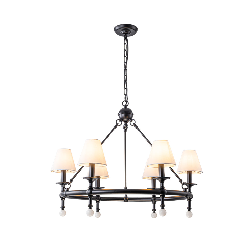 34'' Black 6-Light Unique Statement Chandelier Transision Pendant Lighting with White Fabric Shades and Alabaster Finials for Dining Room Kitchen Island