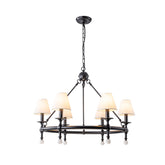 34" Black 6-Light Unique Statement Chandelier Transision Pendant Lighting with White Fabric Shades and Alabaster Finials for Dining Room Kitchen Island