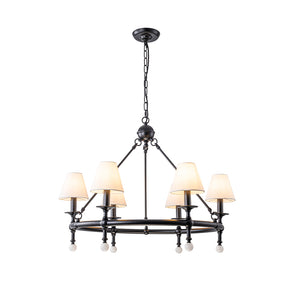 34" Black 6-Light Unique Statement Chandelier Transision Pendant Lighting with White Fabric Shades and Alabaster Finials for Dining Room Kitchen Island