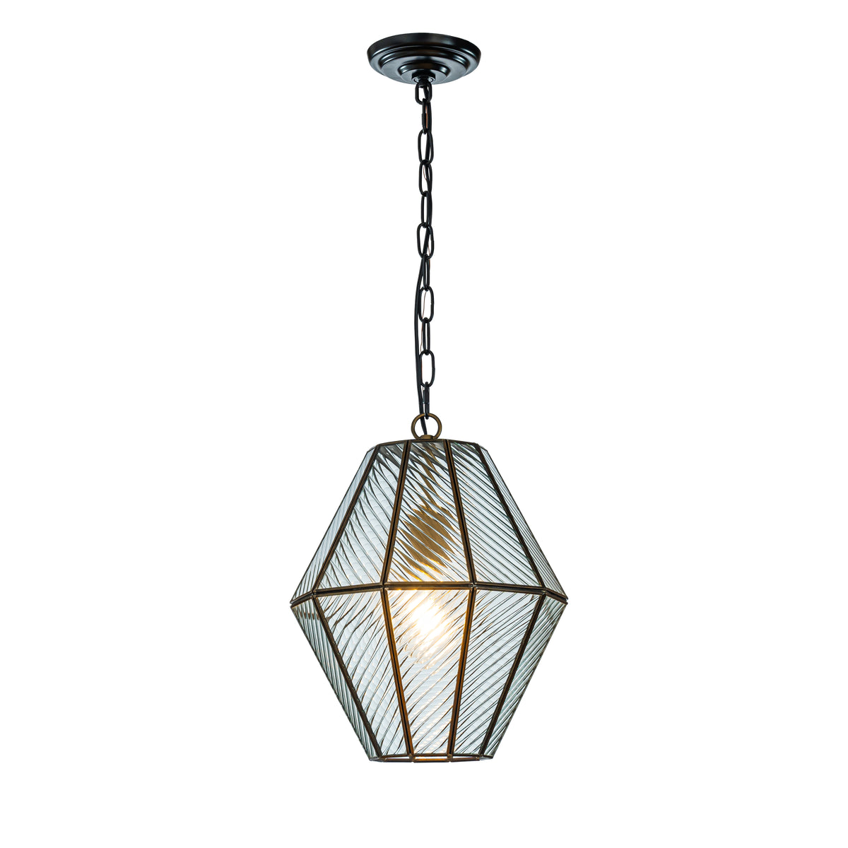 Modern Industrial Geometric Small Lantern Pendant Light with Clear Ribbed Glass