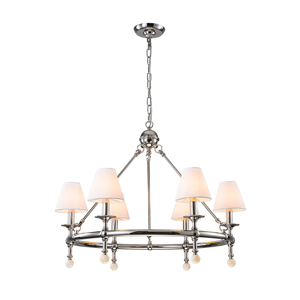 34'' Polished Nickel 6-Light Unique Statement Chandelier Transision Pendant Lighting with White Fabric Shades and Alabaster Finials for Dining Room Kitchen Island