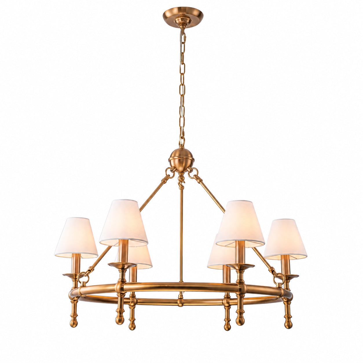 6-Light W34 in Vitage Brass Chandelier Untique Classic Lighting with White Fabric Lamp Shade