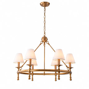 6-Light W34 in Vitage Brass Chandelier Untique Classic Lighting with White Fabric Lamp Shade