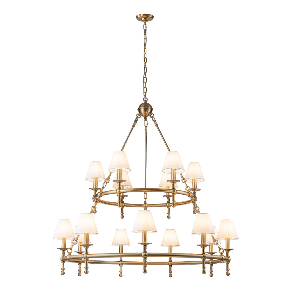 47'' 15-Light Two-Tier Vintage Brass Chandelier with White Fabric Shades for High Ceilings and Large Rooms