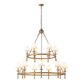 47'' 15-Light Two-Tier Vintage Brass Chandelier with White Fabric Shades for High Ceilings and Large Rooms