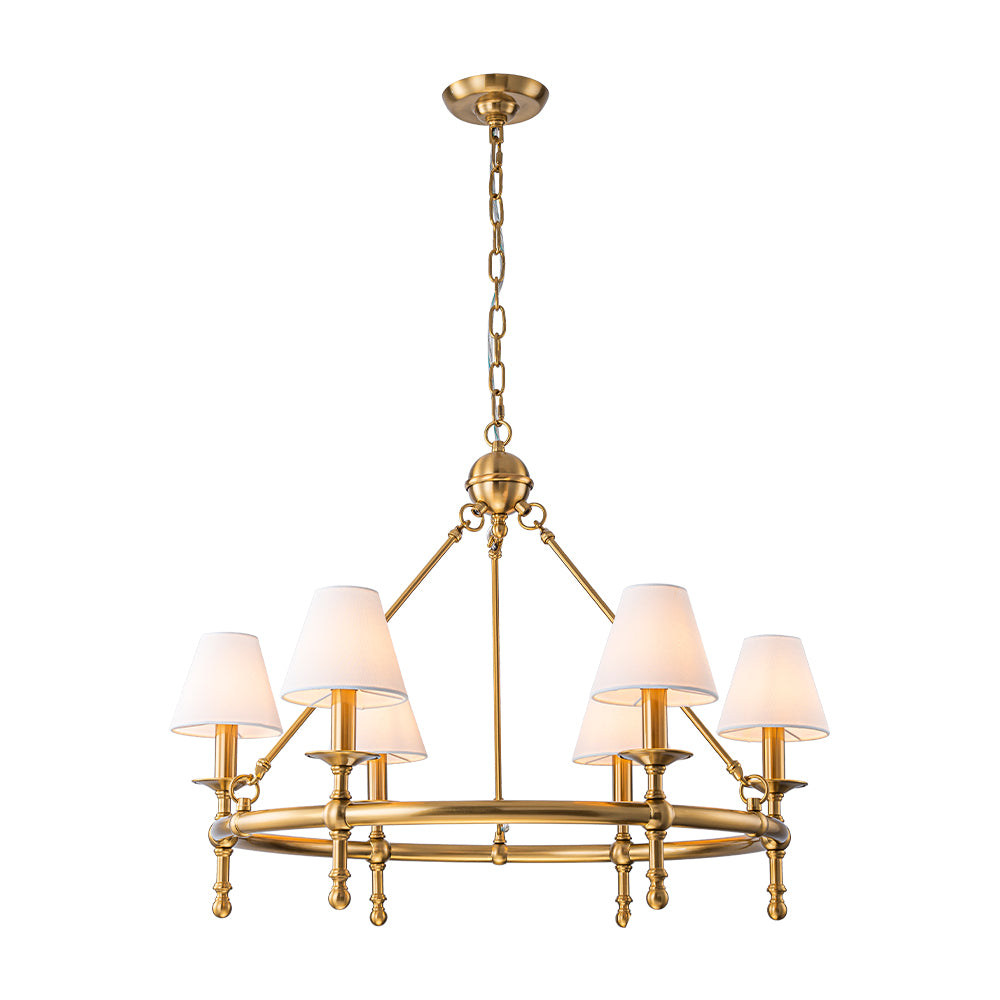 6-Light W34 in Warm Brass Chandelier with White Fabric Lamp Shade