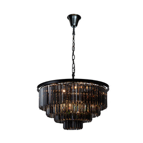10-Lights 32'' Modern Matte Black 4-Tier Round Fringe Chandelier with Smoke Crystal Accent For Dining Room of Foyer