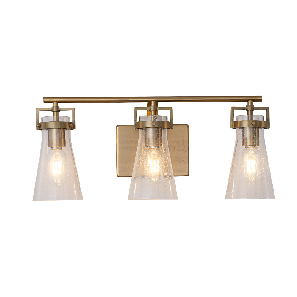 Modern Transitional 3-Light Vanity Wall Sconce in Brushed Brass with Clear Bubble Glass Shades for Mirror, Bathroom or Hallway