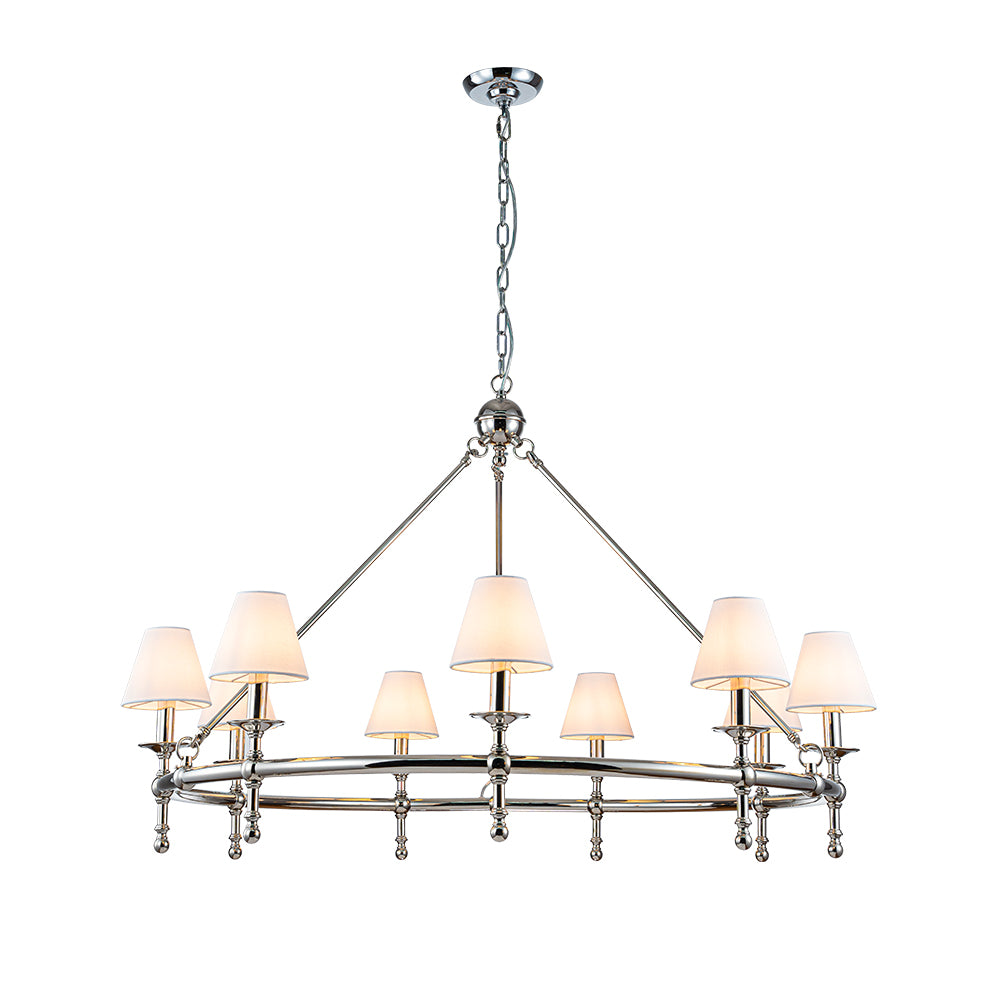 47'' 9-Light Extra Large Modern Polished Nickel Chandelier with White Fabric Shades For Dining Room or Living Room