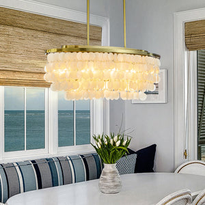 11-Light Farmhouse Coastal Natural Capiz Shell Tiered Chandelier for Dining Room With Antique Gold Metal