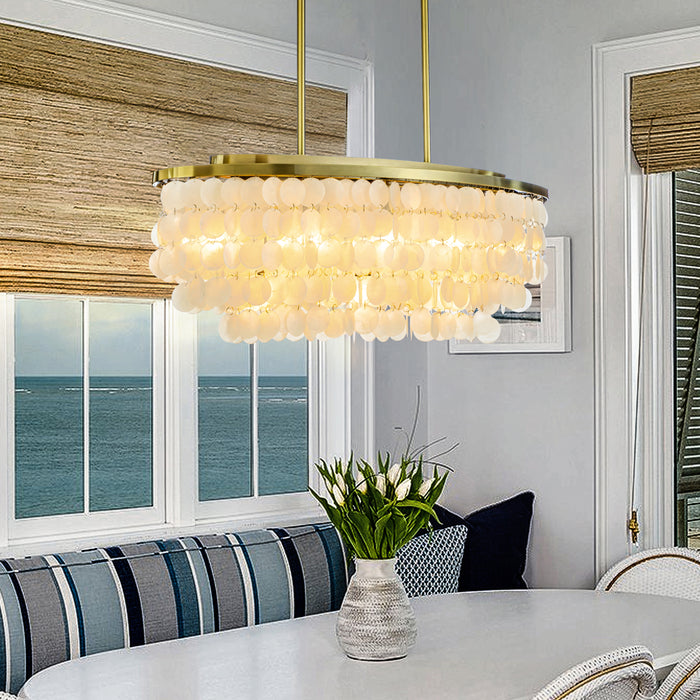 11-Light Farmhouse Coastal Natural Capiz Shell Tiered Chandelier for Dining Room With Antique Gold Metal