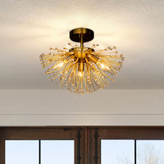 3-Light Crystal Beaded Glowworm Firefly Sputnik Chandelier In Antique Gold
