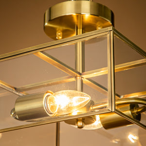 2-Light Mid-Century Modern Cube Glass Semi-Flush Mount Ceiling Light with Painted Brass Frame