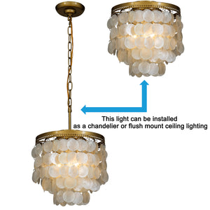 3-Light Brass Indoor Capiz Shell Flush Mount Coastal Decor Chandelier