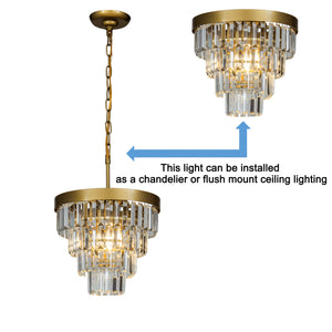 3-Light Brass Interior Tiered Crystal Flush Mount Ceiling Light Glam Chandelier