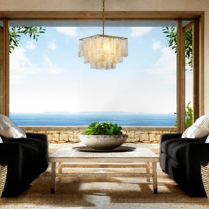 3-Light Coastal Natural Capiz Shell Tiered Chandelier With Square Antique Gold Frame