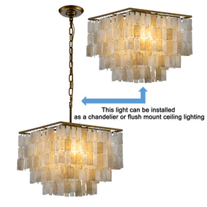 3-Light Coastal Natural Capiz Shell Tiered Chandelier With Square Antique Gold Frame