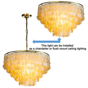 6-Light Coastal Natural Capiz Shell Tiered Flush Mount Ceiling LIght With Antique Gold Metal