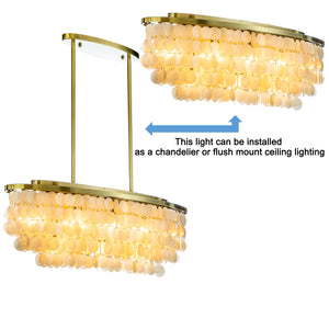 11-Light Farmhouse Coastal Natural Capiz Shell Tiered Chandelier for Dining Room With Antique Gold Metal