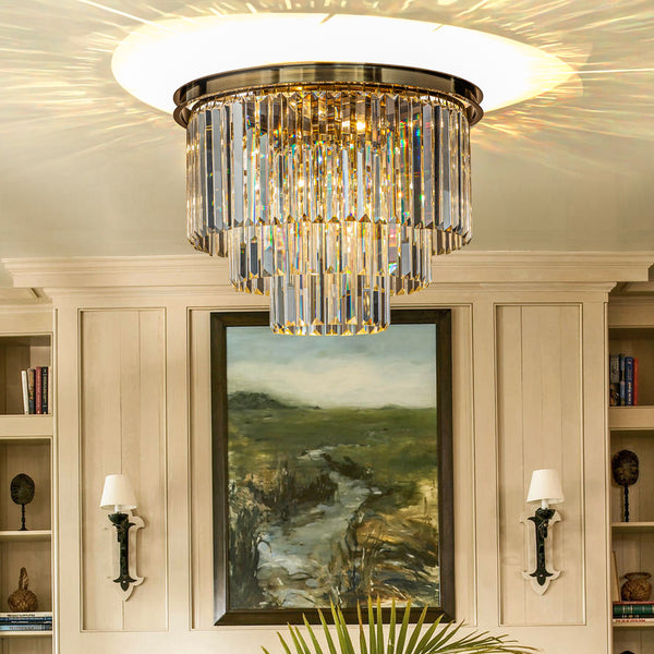 6-Lights Mid-Century Modern Antique Gold 3-Tier Round Fringe Crystal Flush Mount