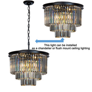 6-Lights Contemporary Matte Black 3-Tier Round Chandelier With Crystal Accents