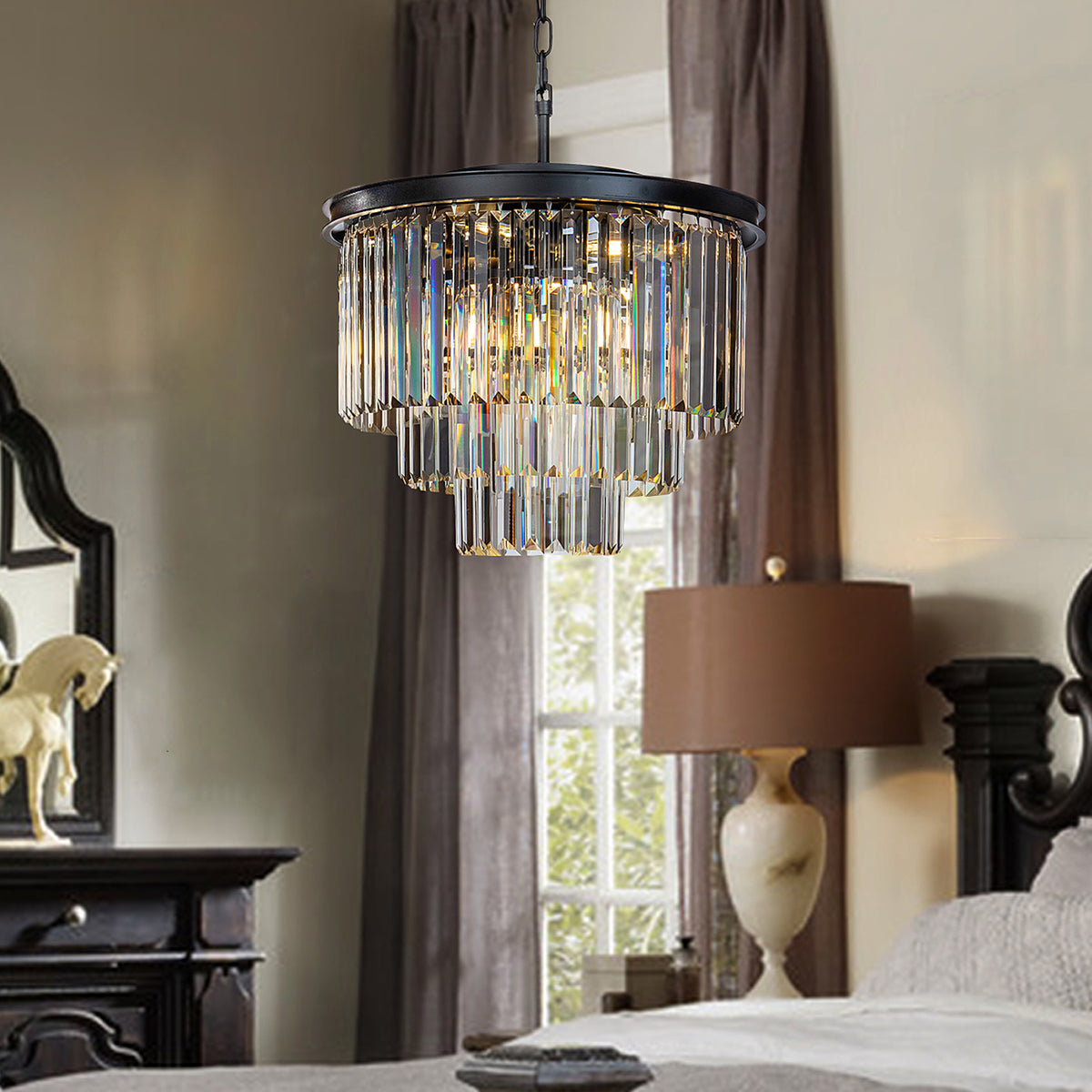 OPEN BOX-Modern and Contemporary Matte Black 3-Tier Fringe Crystal Chandelier