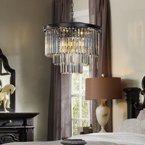 OPEN BOX-Modern and Contemporary Matte Black 3-Tier Fringe Crystal Chandelier
