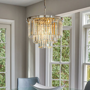 6-Lights Mid-Century Modern Satin Nickel 3-Tier Round Fringe Crystal Chandelier