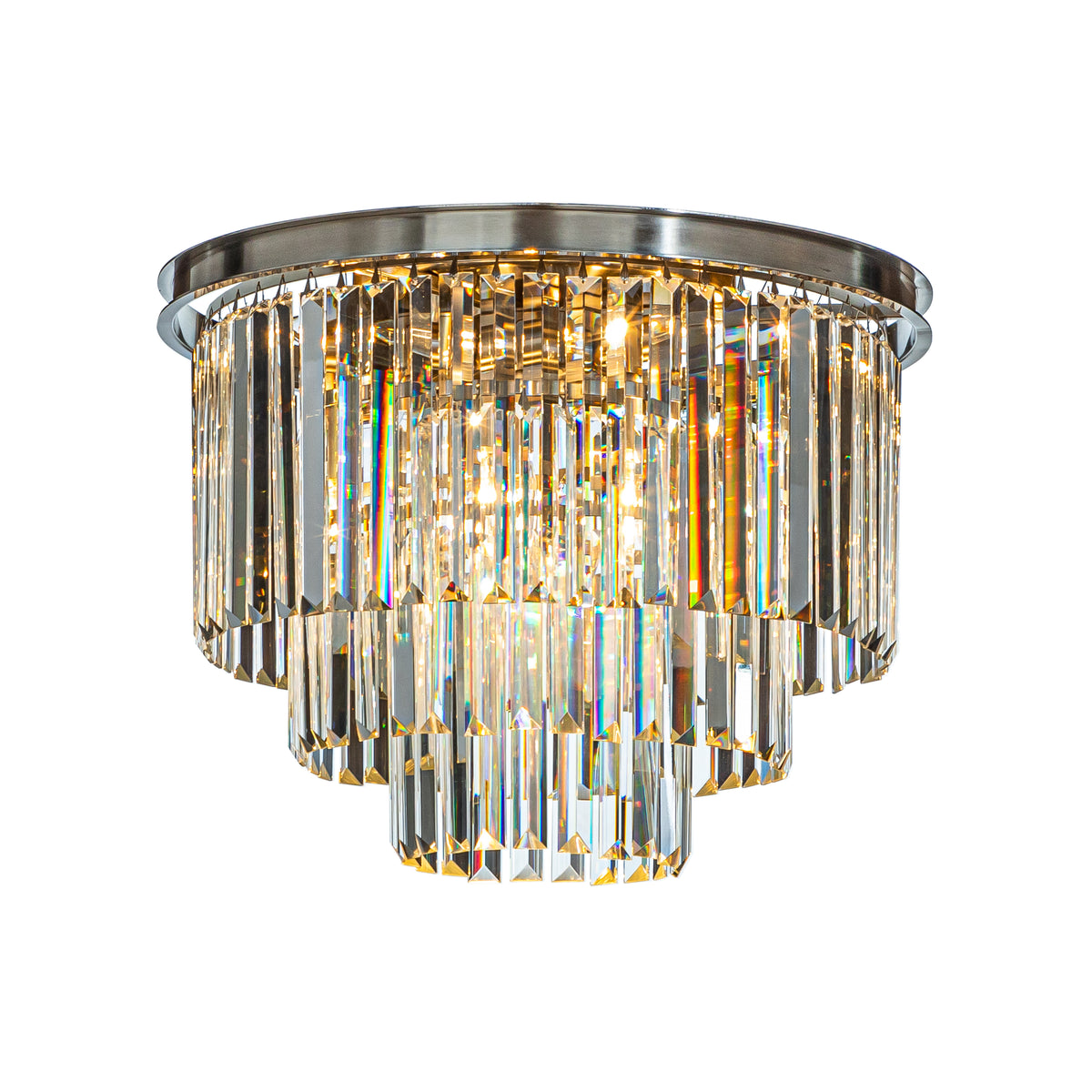 6-Lights Mid-Century Modern Satin Nickel 3-Tier Round Fringe Crystal Flush Mount