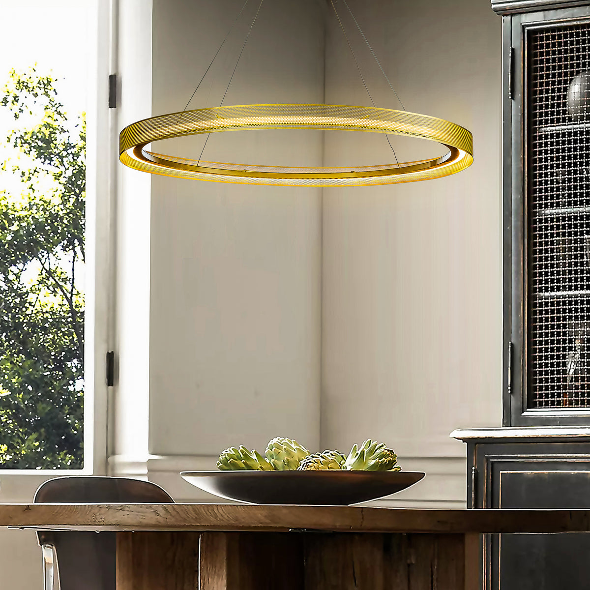 OPEN BOX-Modern And Contemporary 1-Light Round Pendant Antique Gold LED Ring Chandelier