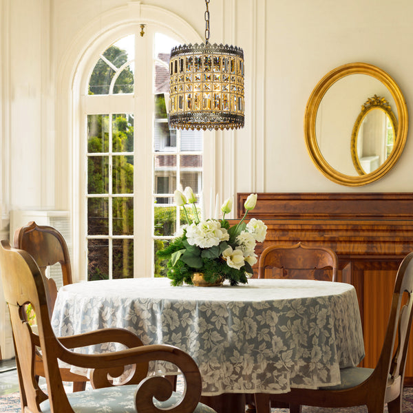 3-Light Glam Crystal Lantern Drum Chandelier With Wrought Iron in Antique Gold