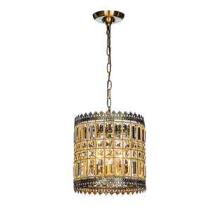 3-Light Glam Crystal Lantern Drum Chandelier With Wrought Iron in Antique Gold
