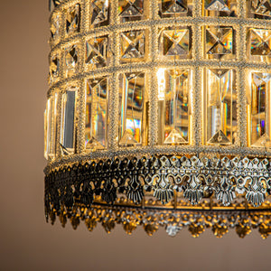 3-Light Glam Crystal Lantern Drum Chandelier With Wrought Iron in Antique Gold