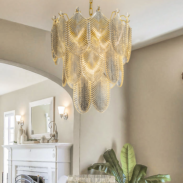 5 Light Contemporary Painted Brass Three Tiered Chandelier With Textured Glass Accents