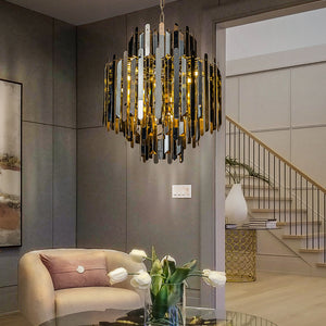 9-Light Luxury Polished Stainless Steel Chandelier with Smoke Crystal Accents