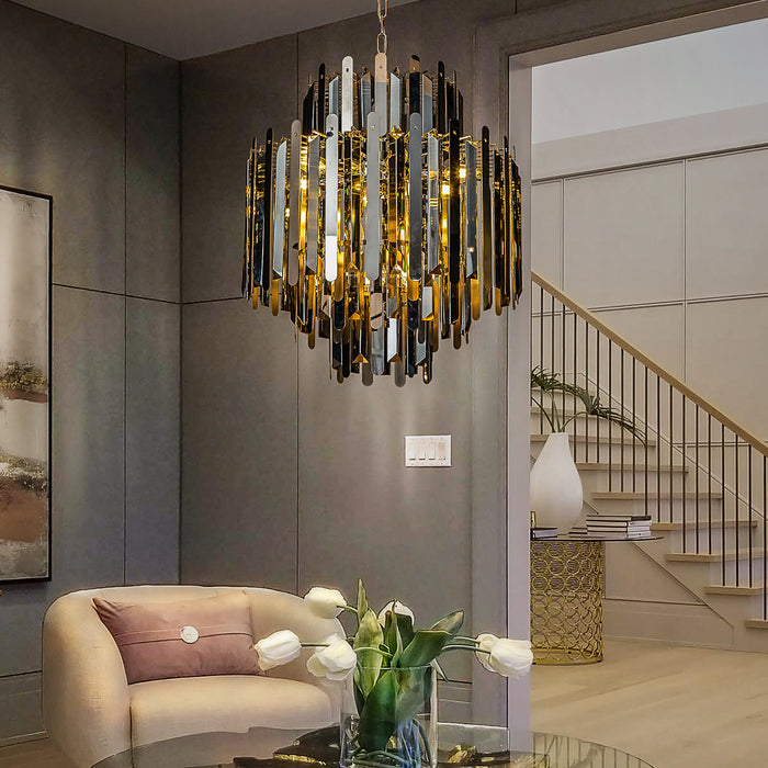 9-Light Luxury Polished Stainless Steel Chandelier with Smoke Crystal Accents