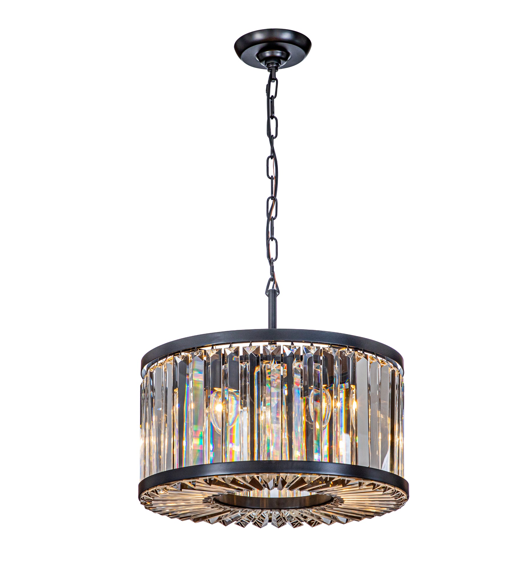 4-Light Modern Black And Round Lantern Drum Chandelier With Wrought Iron Crystal Accents