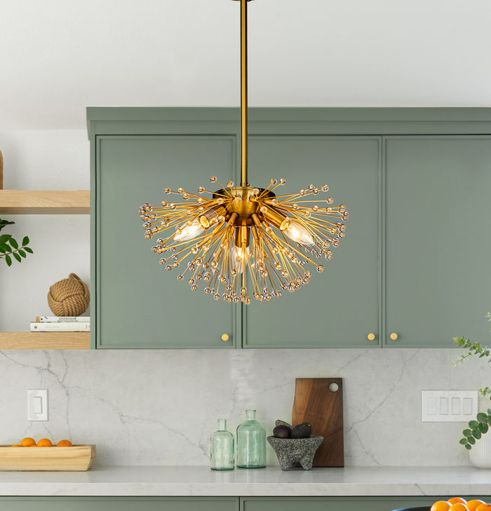 3-Light Crystal Beaded Glowworm Firefly Sputnik Chandelier In Antique Gold