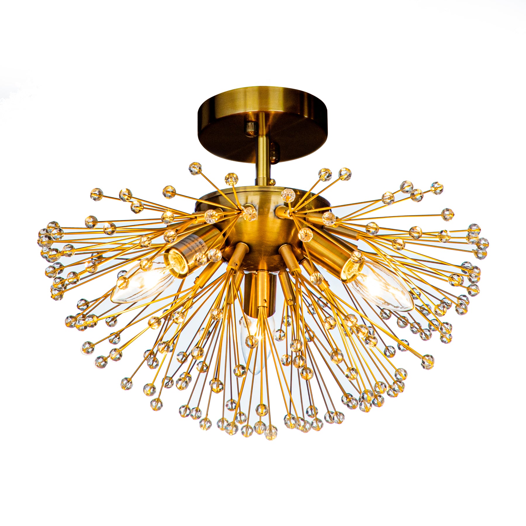 Glam 3-Light Crystal Beaded Glowworm Firefly Sputnik Semi-Flush Mount Ceiling Light In Antique Gold