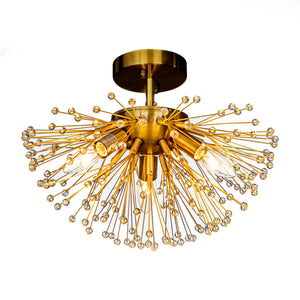 Glam 3-Light Crystal Beaded Glowworm Firefly Sputnik Semi-Flush Mount Ceiling Light In Antique Gold