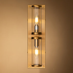 Interior Decor 2-Light Contemporary Brass Cylindrical Wall Mount Sconce with Clear Glass Tube