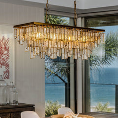 4-Light Mid-Century Modern Matte Gold Water Glass Fringe Chandelier for Dining Room
